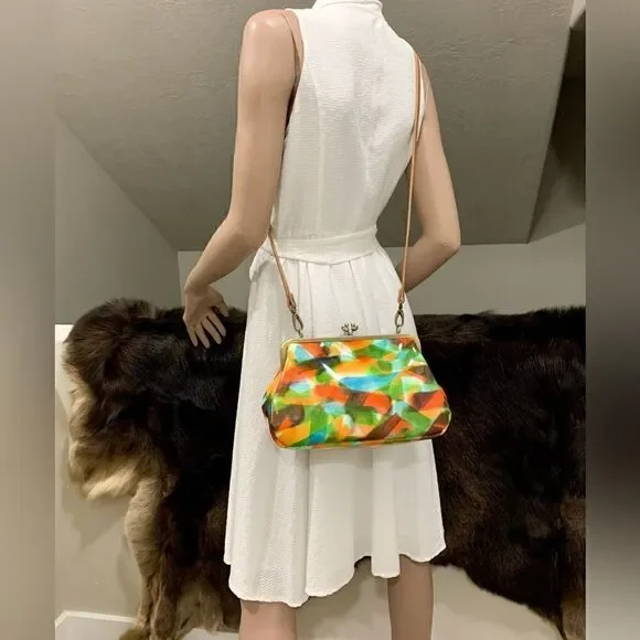 Handmade Genuine Leather Abstract Print “Birds” Kisslock Wristlet/Crossbody - Picture 9 of 17